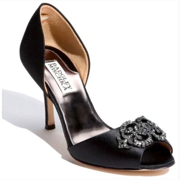 Badgley Mischka Shoes - Badgley Mischka Black Satin Salsa Pumps Heels Rhinestone Brooch Embellishment 9